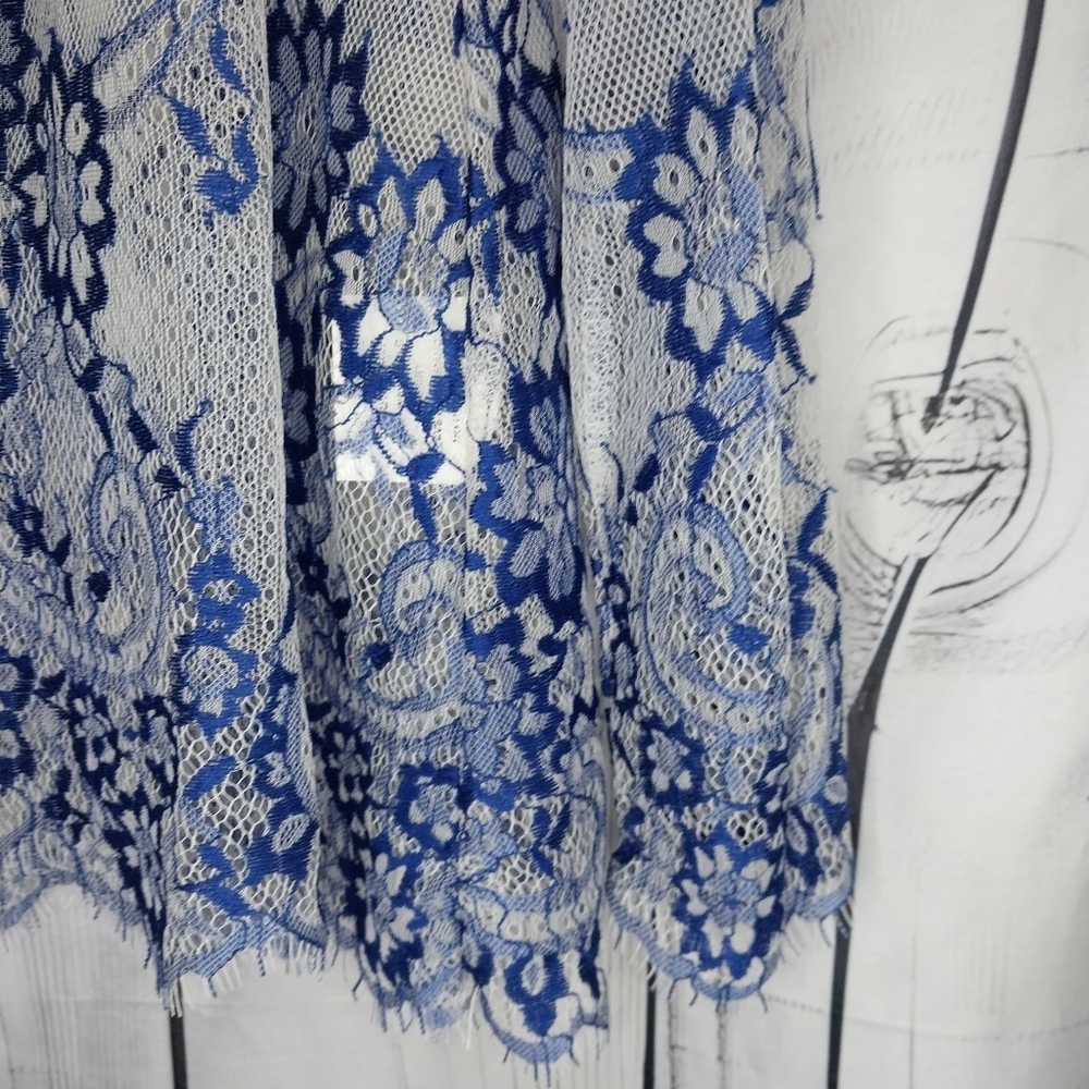 Fashion Nova Sheer Cold Shoulder Blue And White Floral Lace Romantic Top - Picture 3 of 10